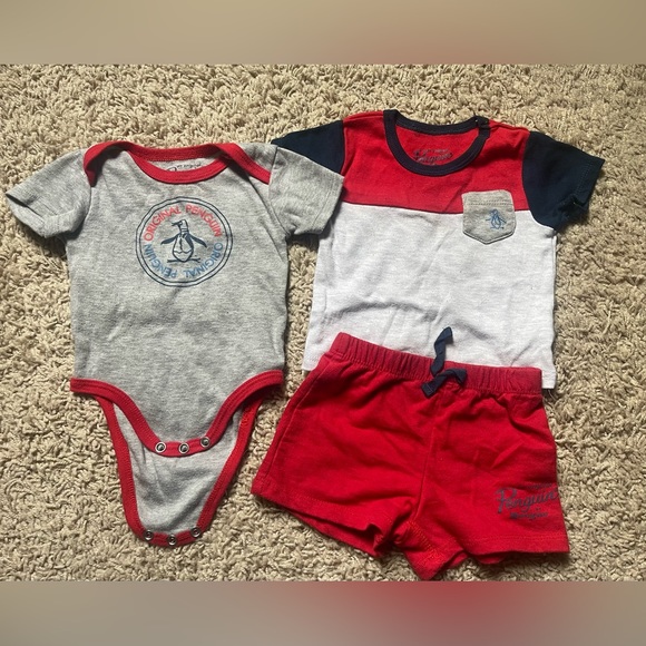 Original Penguin Baby 3-6 months 3pc set body suit shorts red gray blue Shirt - Picture 1 of 2